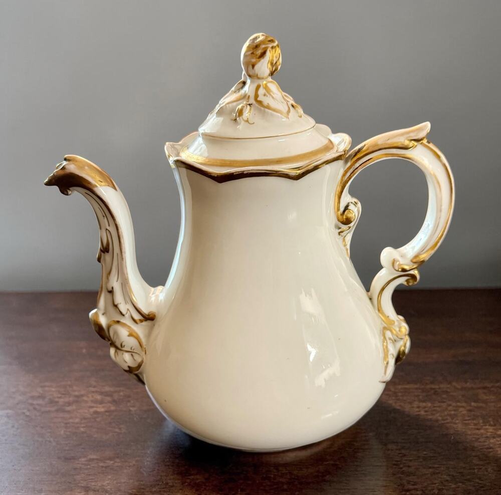 Antique T. Rees Old Paris Porcelain Teapot – Rococo Revival White & Gold Gilt